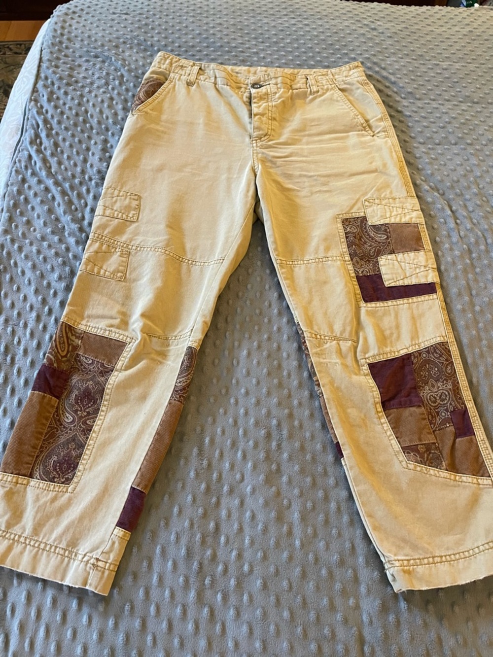 Women’s Patchwork Cargo Pants - Beige with Brown & Maroon Accents